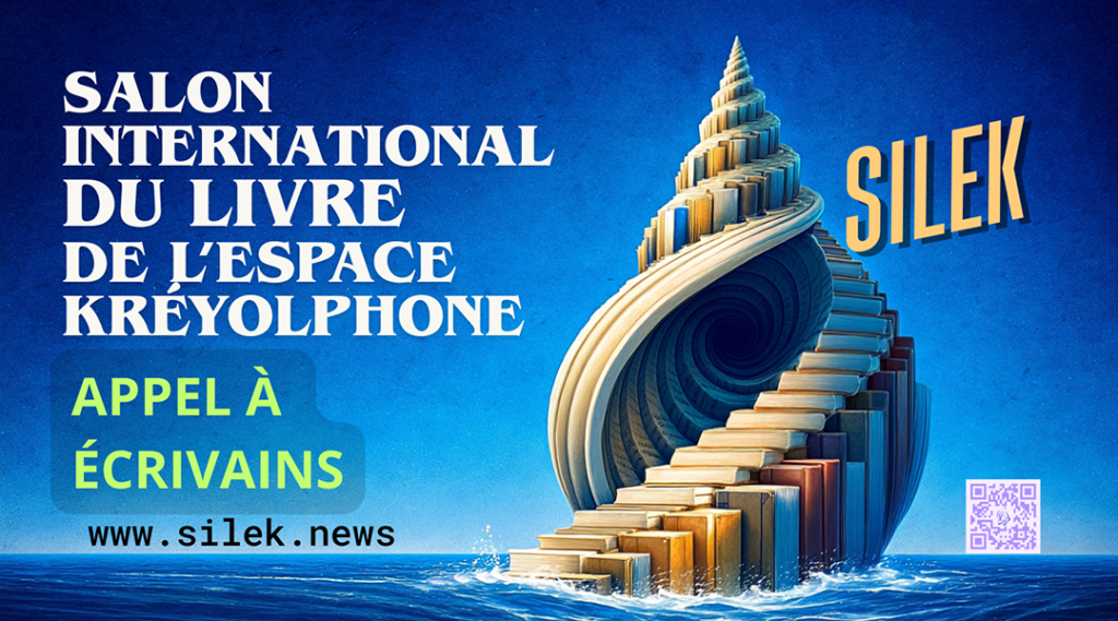 Salon International du Livre de l’Espace Kreyolphone Appel à écrivains structure representant une conque de lanbi stylée fait de livres
